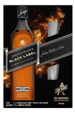 Johnnie Walker Black Label Blended Scotch Whisky, 750 mL Bottle with Two Premium Branded Tumbler Glasses